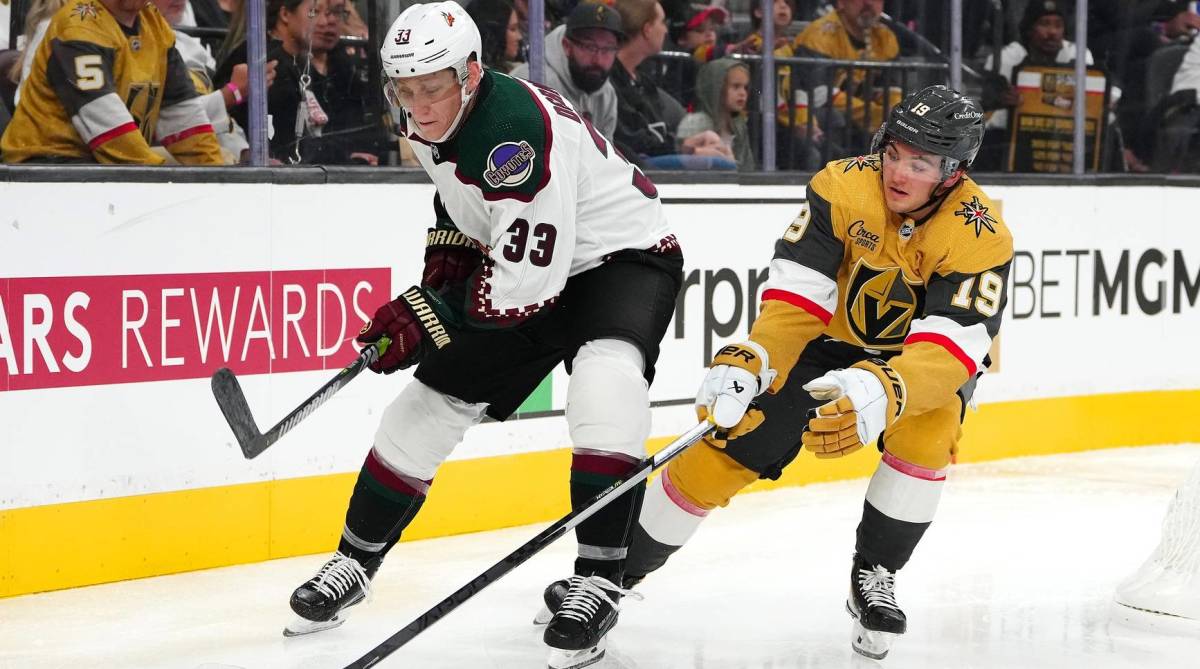 Coyotes defenseman Travis Dermott and Golden Knights center Brendan Brisson fight for a puck in a game.